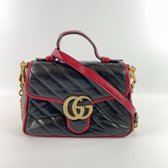 Gucci Black Red Calfskin Marmont Top Handle Crossbody Bag sku#85853(gently used) - Picture 1 of 15
